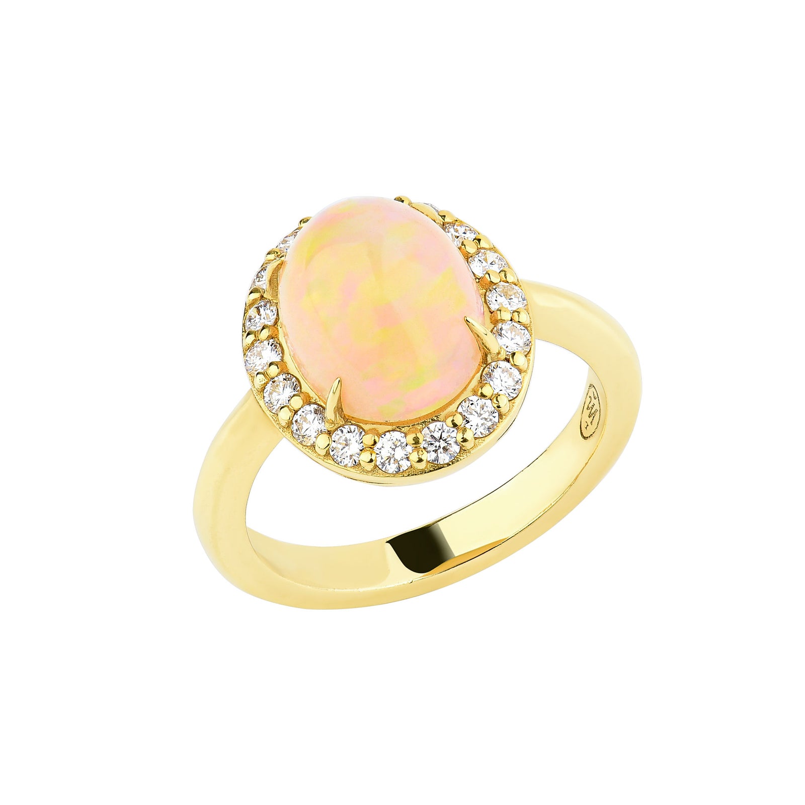 14K Yellow Gold Oval Opal Center With Diamond Halo