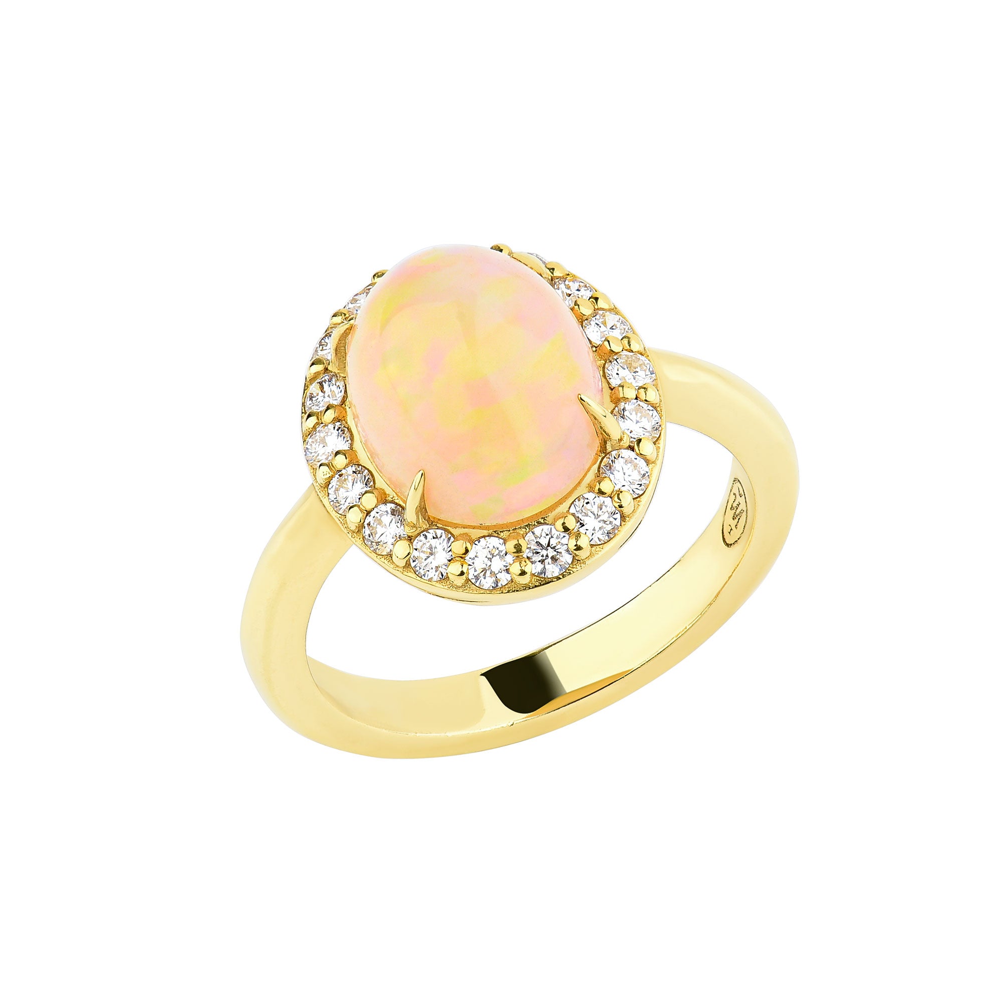 14K Yellow Gold Oval Opal Center With Diamond Halo