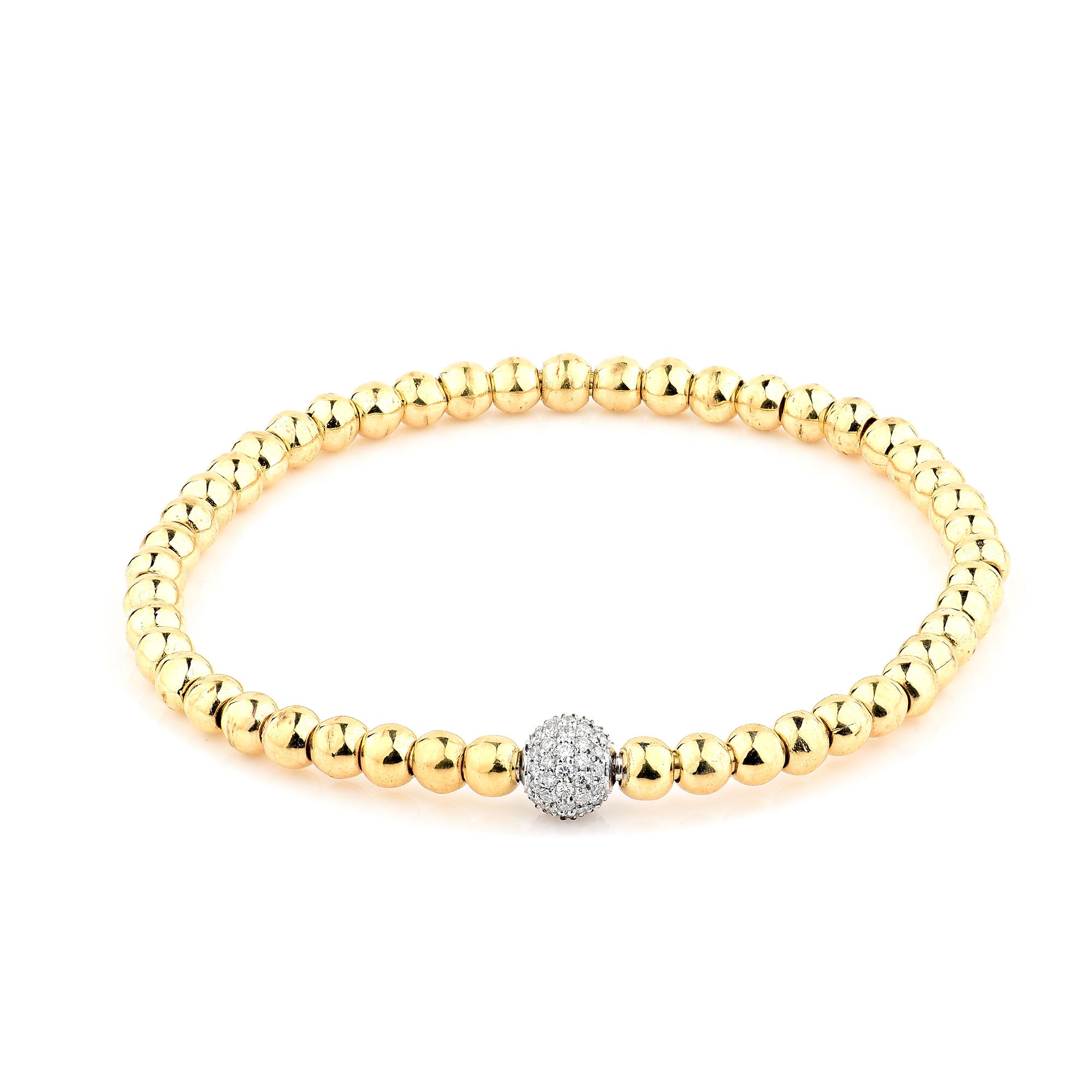 14K Yellow Gold Stretch Beaded Bracelet With Diamond Bead Center