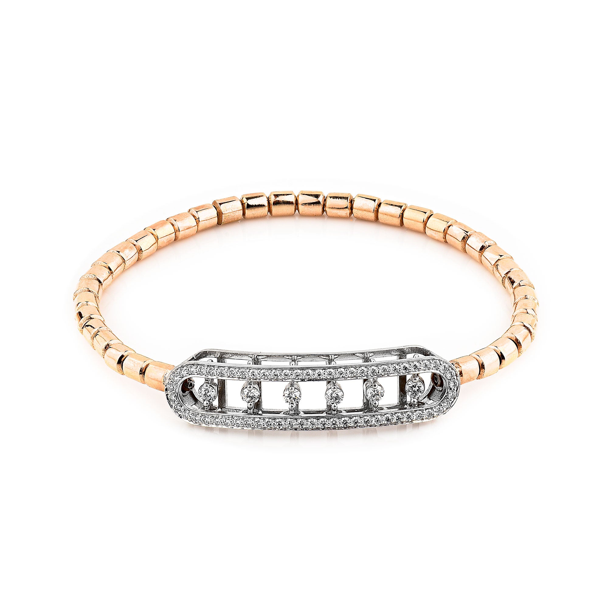 14K Rose Gold Cylinder Stretch Bracelet With Framed Diamond Bezels