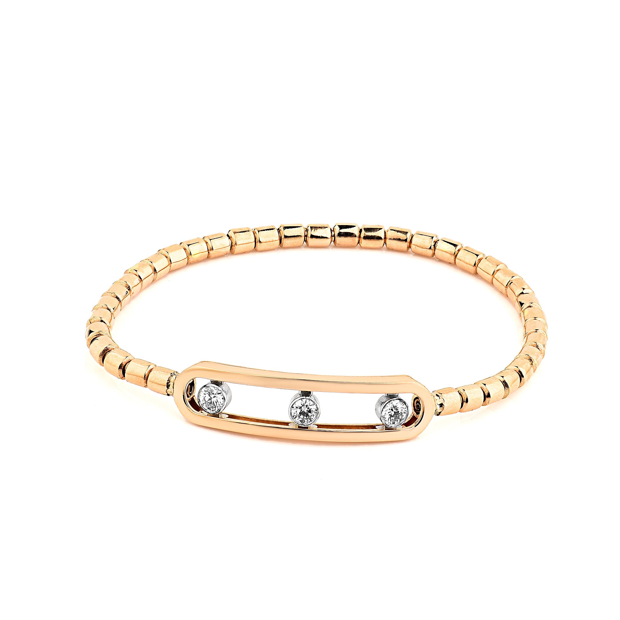 14K Rose Gold Cylinder Stretch Bracelet With Trio Lab Diamond Bezels