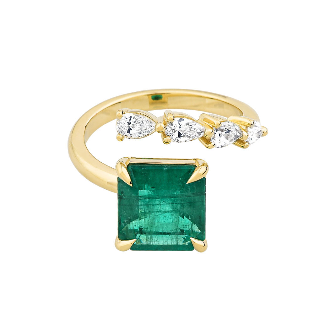 14K Yellow Gold Princess Cut Emerald with Pear Shape Diamond Ring