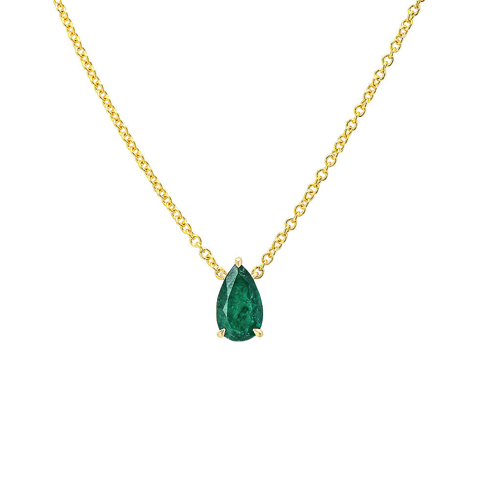 14K Yellow Gold, Pear Shape Emerald Necklace