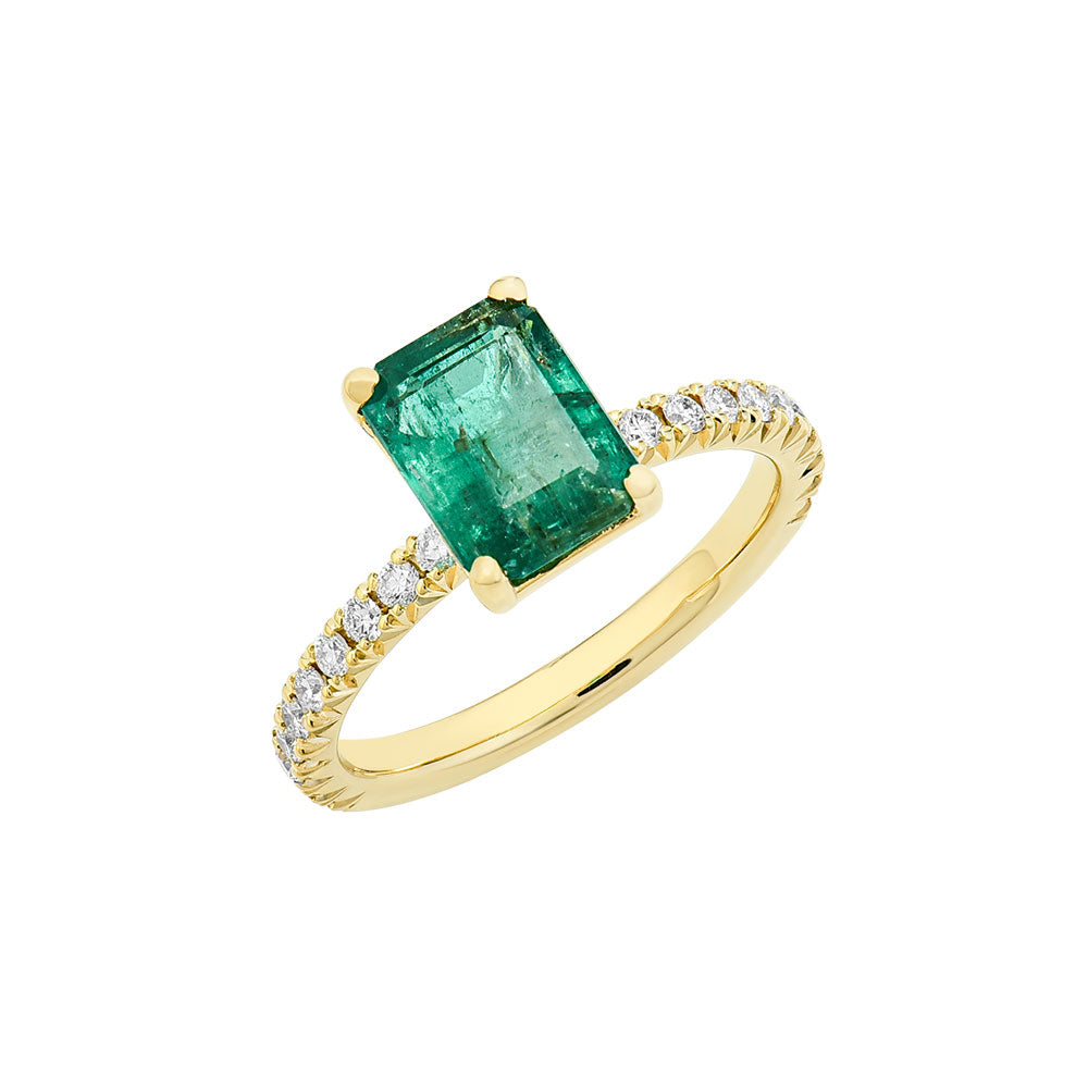 14K Yellow Gold, Emerald Cut Emerald w/ Halfway Diamond Band