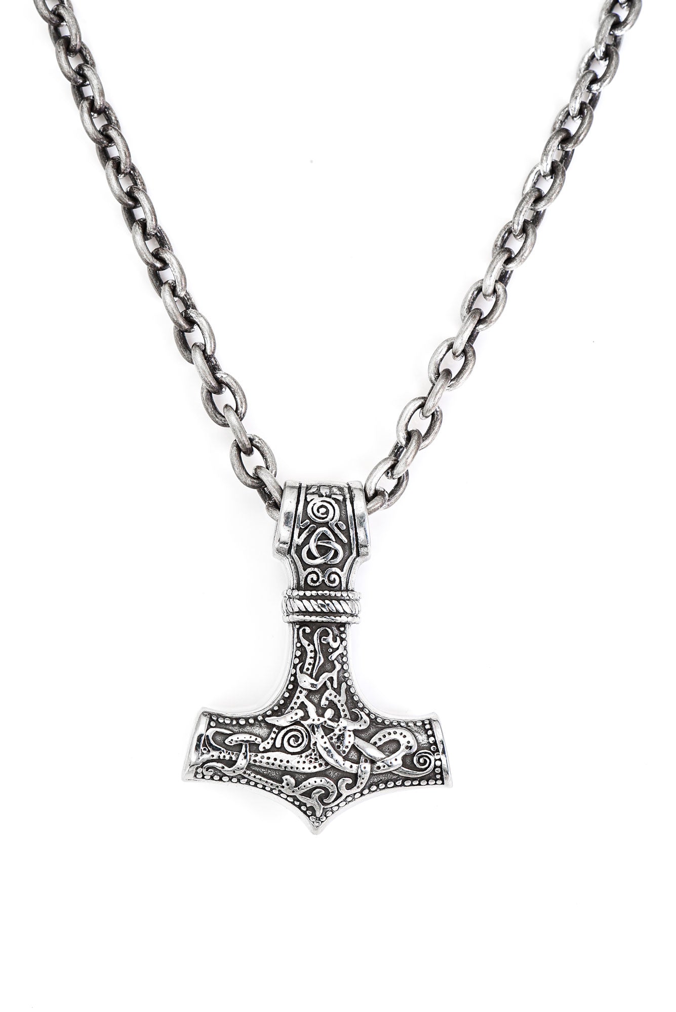 Carved Mjolnir Silver Necklace