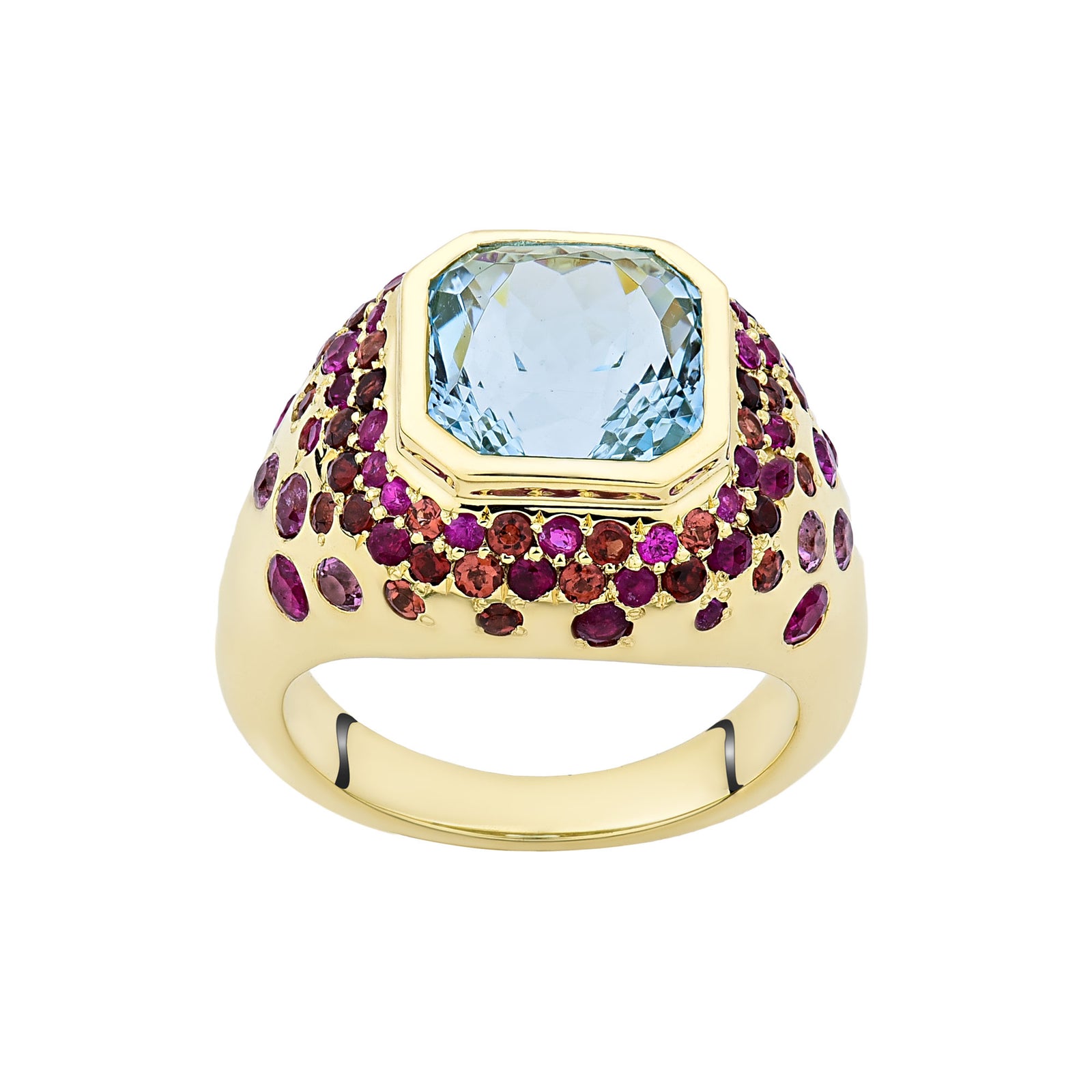 18K Yellow Gold Aquamarine Bezel Center With Tourmaline Accent Signet Ring