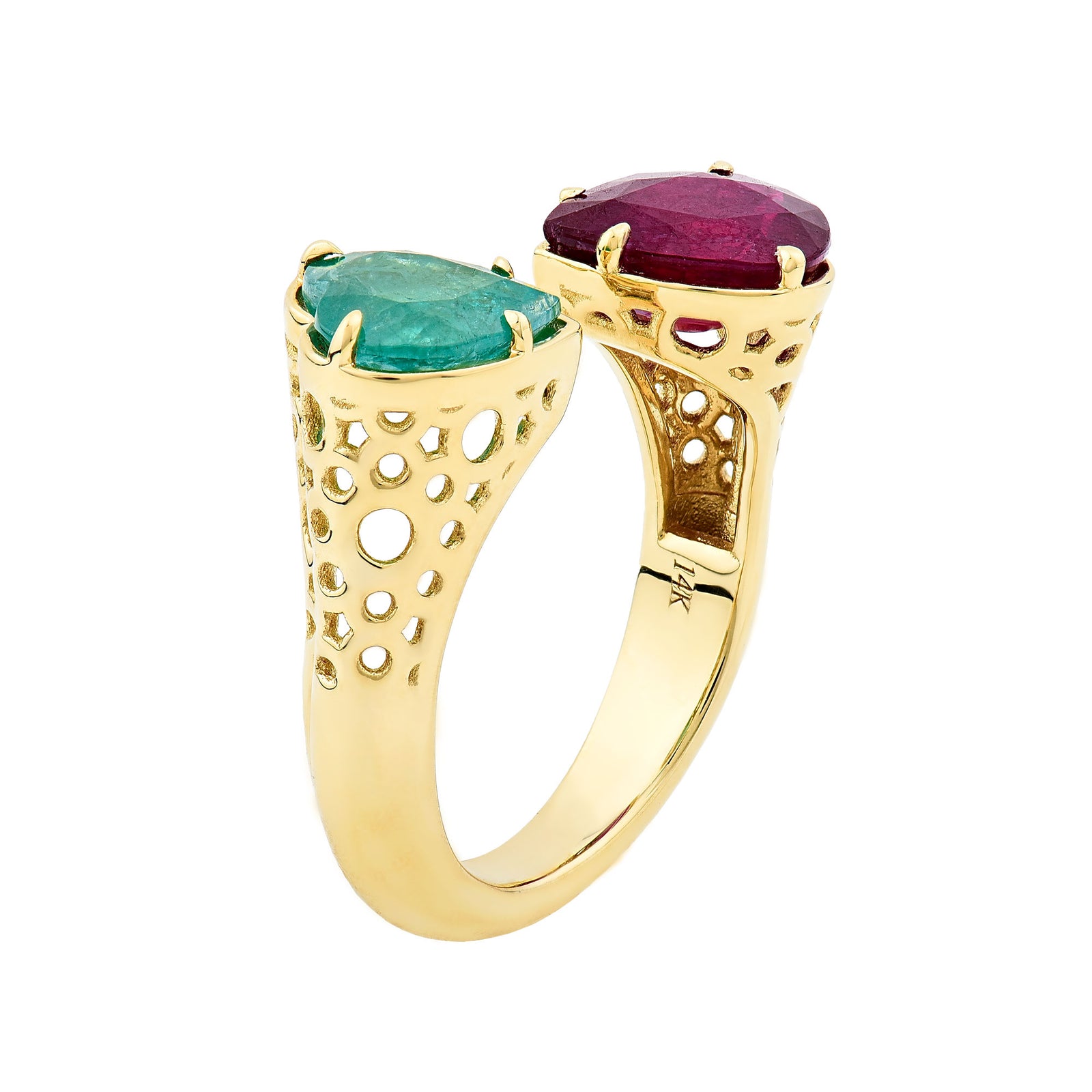 14K Yellow Gold Emerald and Ruby Stone Honeycomb Ring