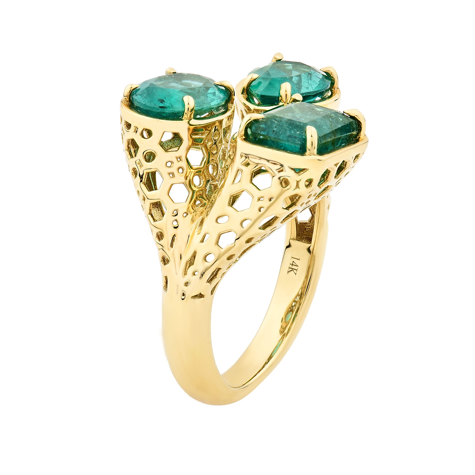 14K Yellow Gold Tricut Emerald Honeycomb Ring