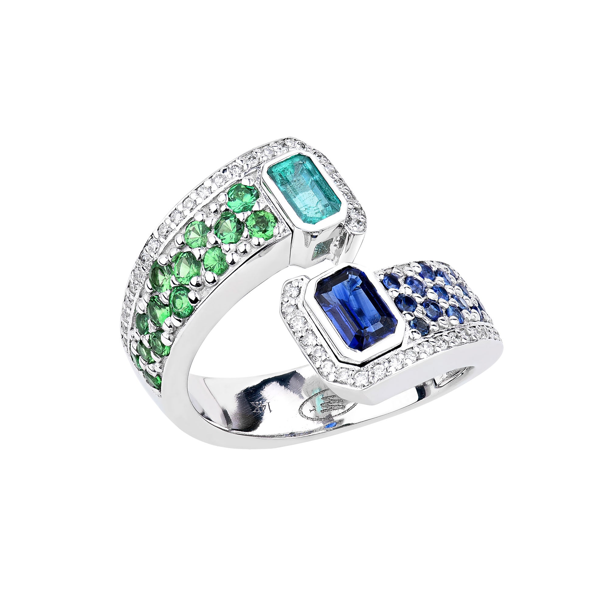 14K White Gold Double Emerald Cut Aquamarine and Blue Sapphire Bypass Ring