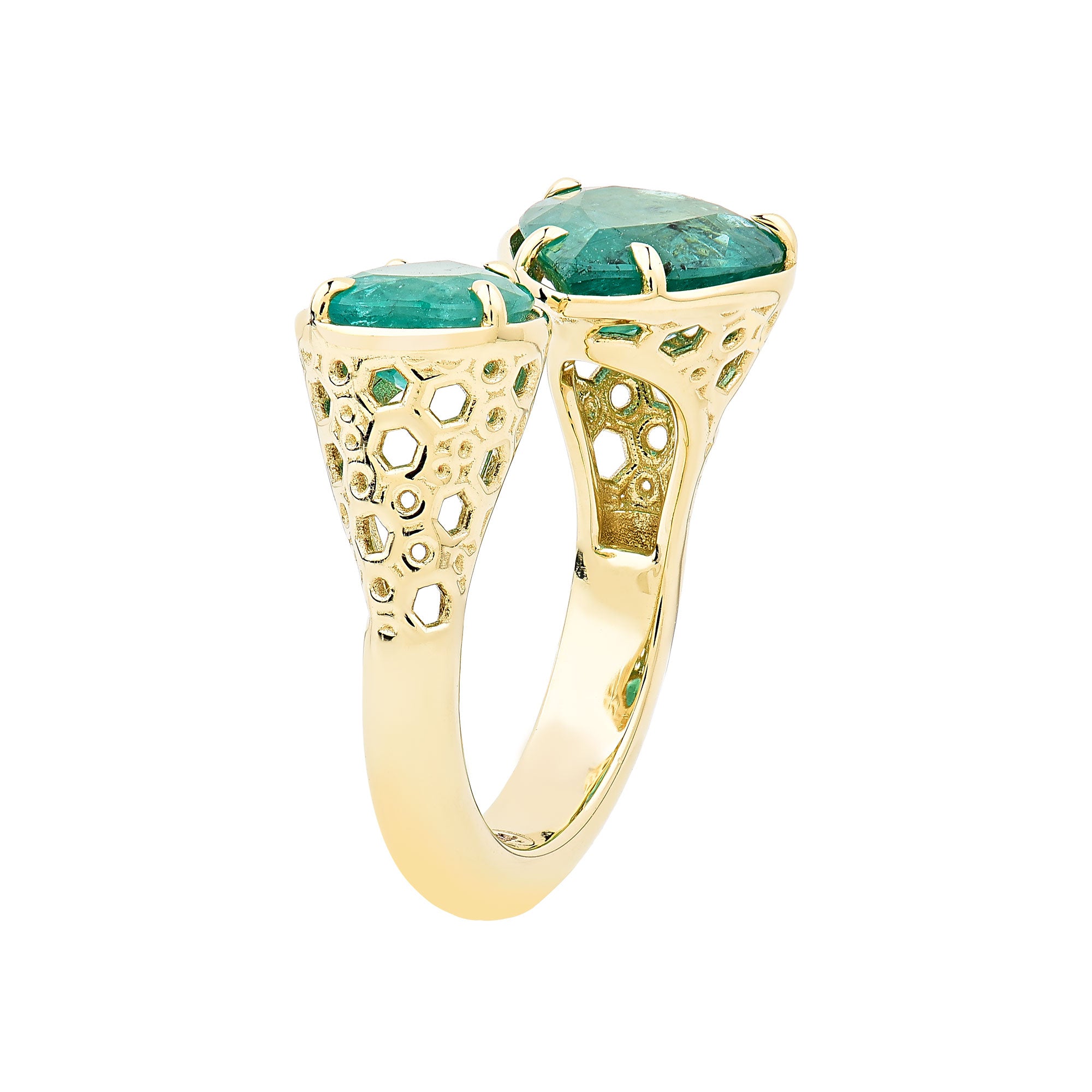 14K Yellow Gold Double Pear Shape Emerald Honeycomb Bypass Ring