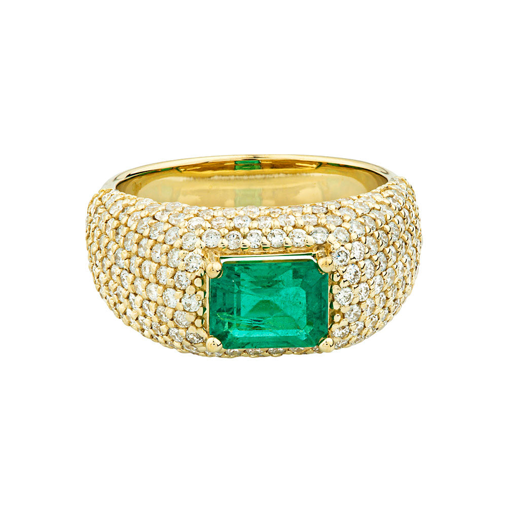 14K Yellow Gold, Emerald Cut Emerald Bomber Ring w/ Diamonds