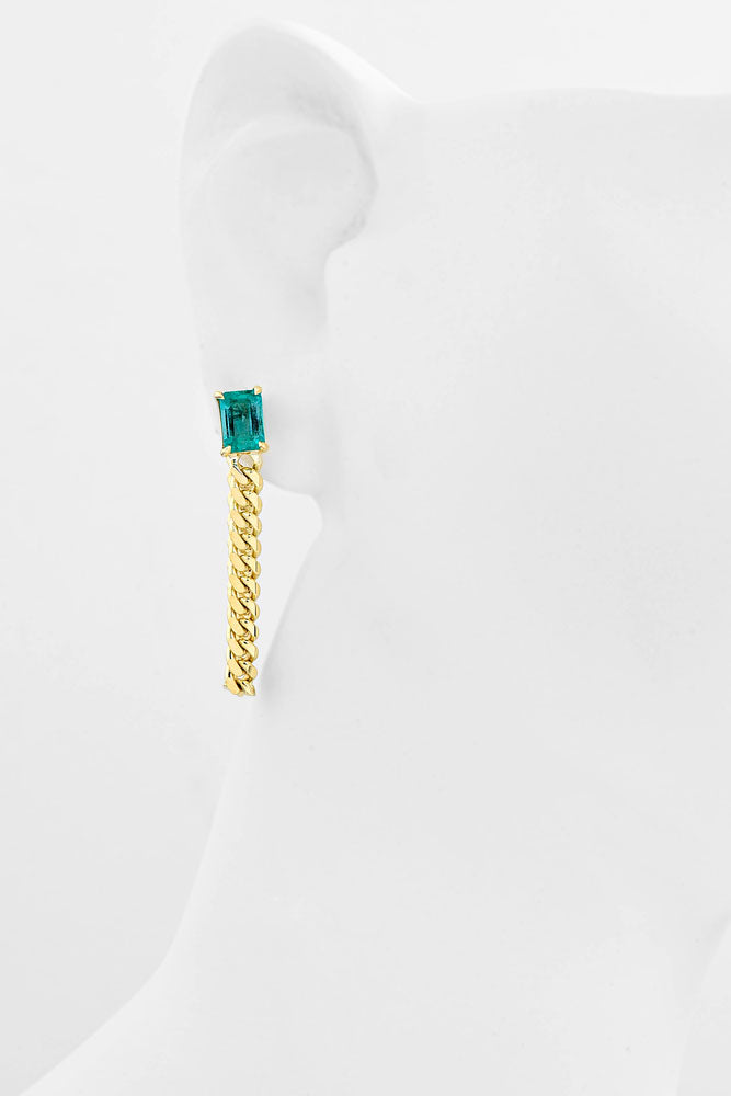 14K Yellow Gold, Emerald Cut Emerald w/Cuban Chain Earring