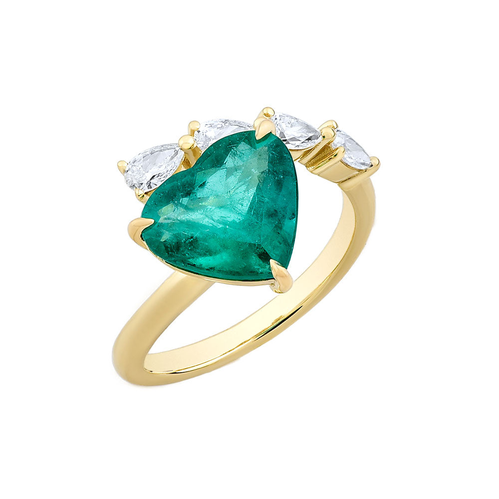 14K Yellow Gold, Heart Shaped Emerald w/ Pear Shape Diamond Ring