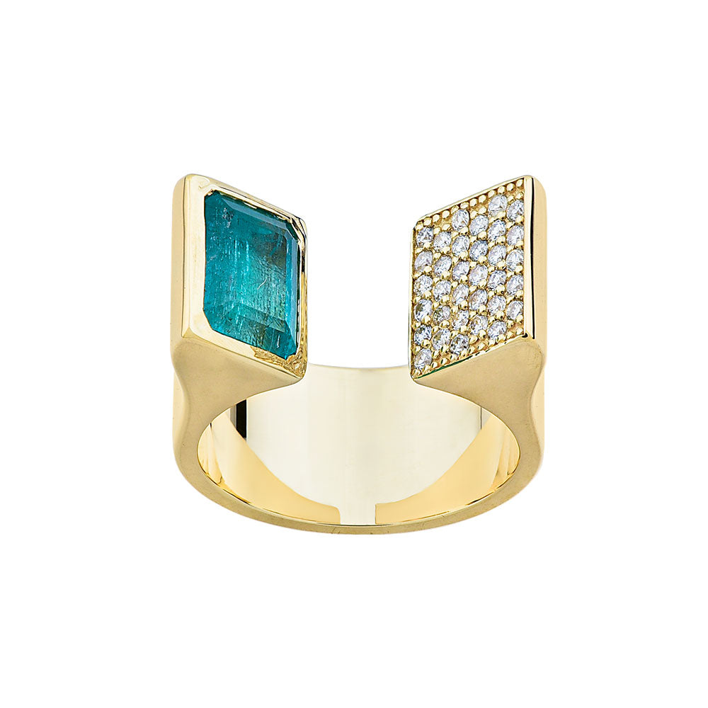 14K Yellow Gold, One Side Pave Diamonds, One Side Emerald Cut Emerald Ring