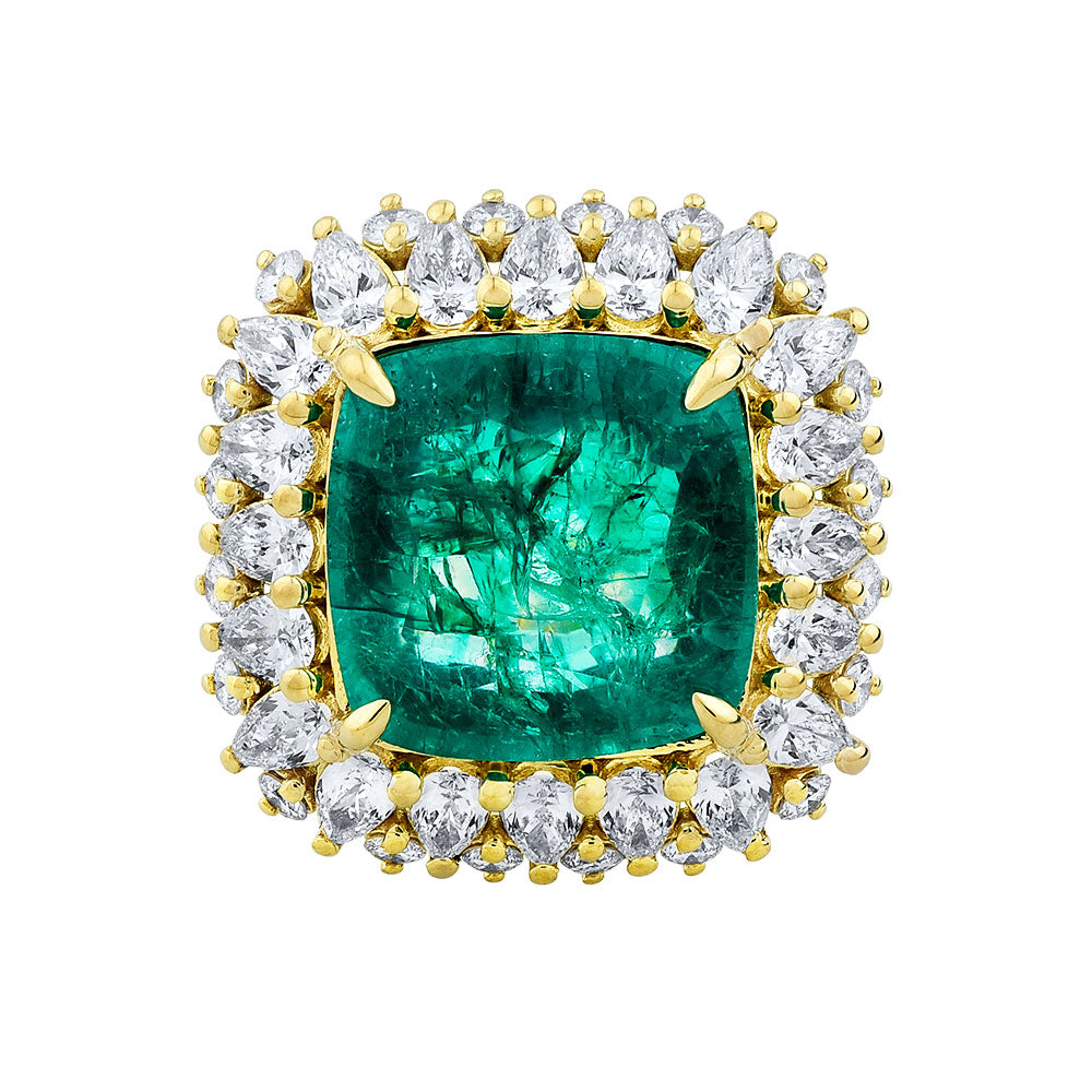 14K Yellow Gold, Princess Cut Emerald w/ Pear Shape and Round Diamond Ring