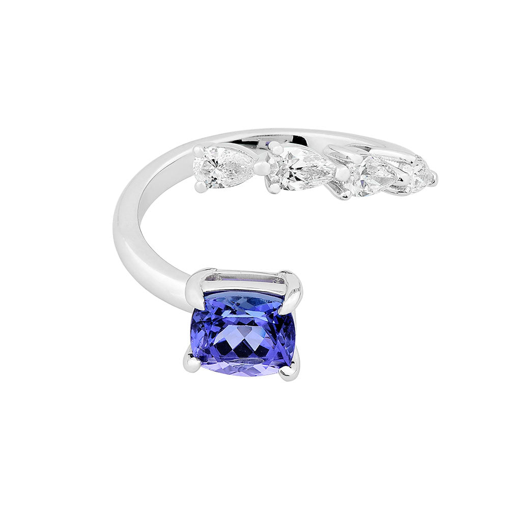 14K White Gold, Cushion Cut Tanzanite w/ Pear Shape Diamond Ring