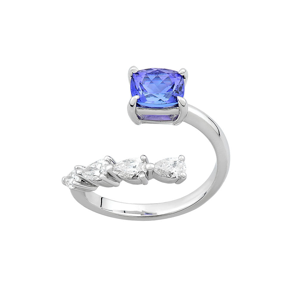 14K White Gold, Cushion Cut Tanzanite w/ Pear Shape Diamond Ring